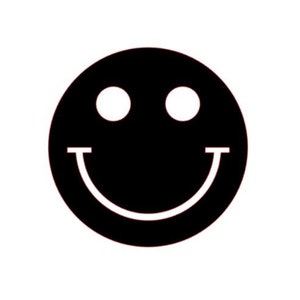 May include: A black smiley face with white eyes and a white curved mouth. The design is a simple, classic representation of happiness and positivity, often used in various forms of media and merchandise.