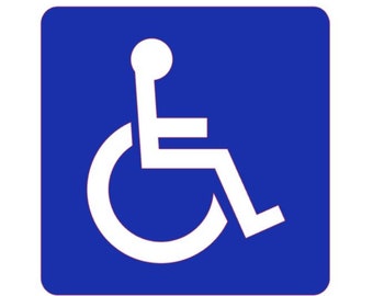 May include: A blue square sign with rounded corners featuring a white graphic of a person in a wheelchair. The wheelchair user is depicted in a simplified, stylized manner, with a circular wheel and a seated figure.