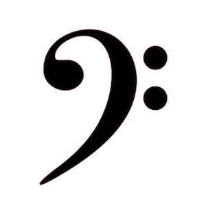 May include: A black bass clef symbol on a white background. The musical symbol features a curved shape with a dot and two smaller dots to the right. The design is simple and bold, suitable for music-themed products.