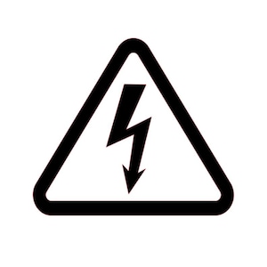 May include: A black and white warning sign featuring a black lightning bolt inside a black triangle. The sign is a universal symbol for electrical hazard or high voltage.