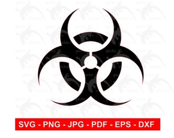 May include: Black biohazard symbol graphic. The design features three curved arms radiating from a central circle. The bottom of the image has a red rectangle with the text "SVG - PNG - JPG - PDF - EPS - DXF".