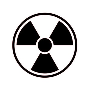 May include: Black and white radiation symbol, a warning sign with three blades radiating from a central circle. The blades are solid black, and the symbol is enclosed in a black circle.