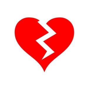 May include: A red heart shape with a white jagged line splitting it in two. The heart is a solid color and the background is white. The image is a simple graphic design.