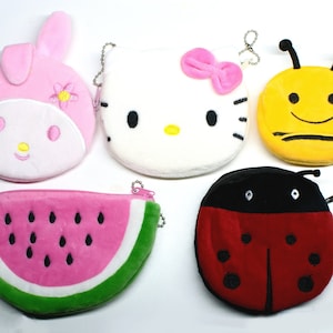 Cute Kawaii Zipper Pouch, Lady Bug, Bumble Bee, Watermelon, Kitty, Cat, Rabbit, Cartoon Pouch, Coin Purse, Soft Plush Japanese Zip-up Pouch