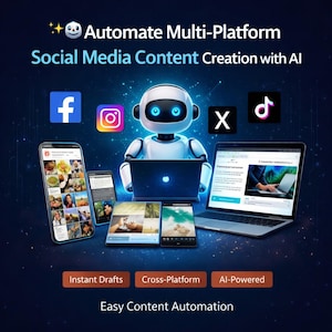 Peut inclure: Illustration numérique d'un robot utilisant un ordinateur portable, entouré d'icônes d'applications de médias sociaux et d'appareils mobiles. Le texte comprend "Automatiser la création de contenu multiplateforme sur les réseaux sociaux avec l'IA", "Brouillons instantanés".