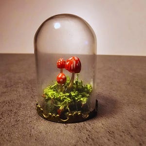 miniature diorama, mushrooms, fake moss, fairy core style, miniature dome