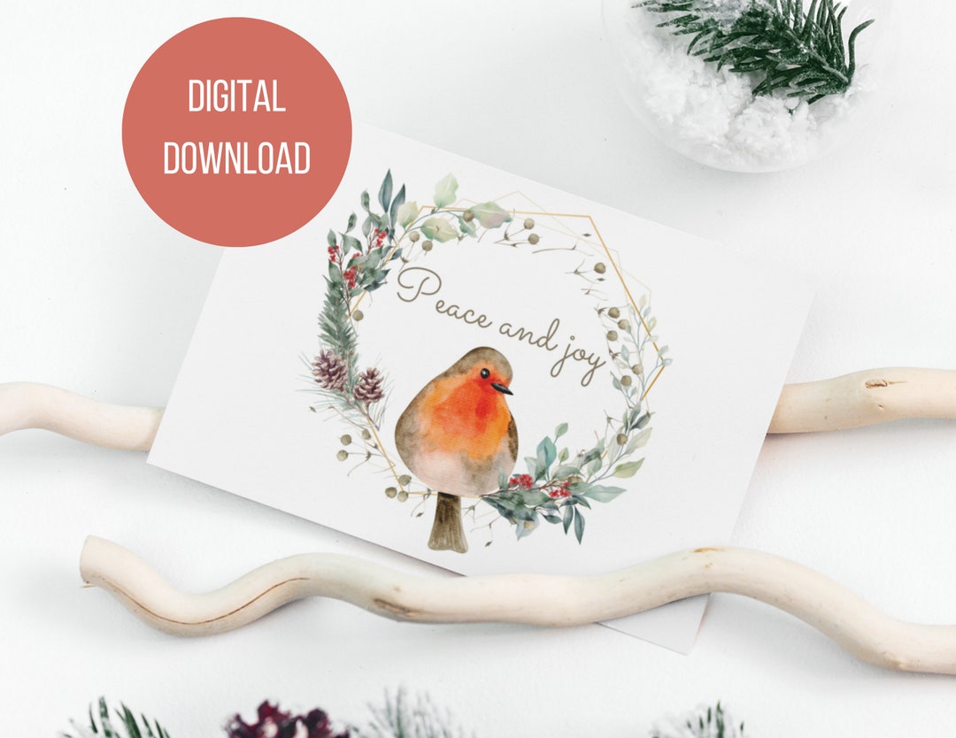 Printable Digital Watercolor Robin Bird Christmas Card 5 X 7 (instant ...