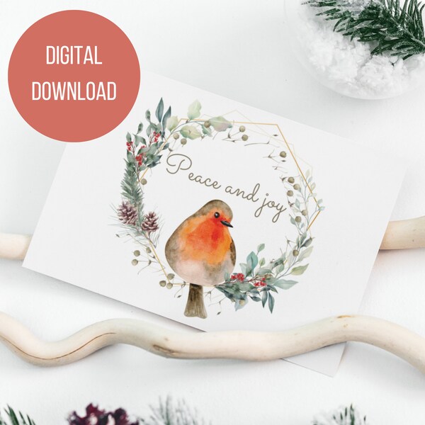 Printable Digital Watercolor Robin Bird Christmas Card 5 x 7 (Instant download)