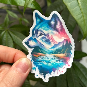 Watercolor Wolf and Majestic Landscape Silhouette, Waterproof Vinyl Sticker, Wolf Sticker