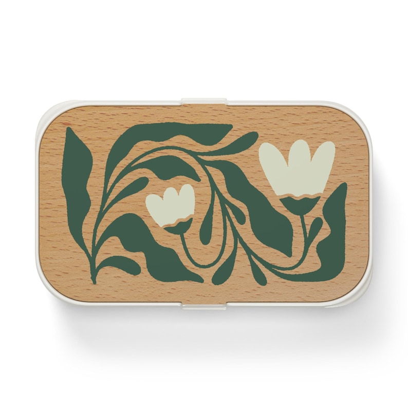 Floral Bento Lunch Box, Wood Lid, Eco-Friendly Container image 4