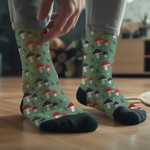Mushroom Socks, Printed on Eco-Friendly Recycled Polyester, Cottagecore Design, Perfect for Nature Lovers, One Size Fits All