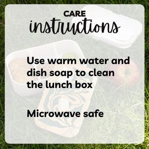 May include: A white lunchbox with a brown lid featuring a marbled design. The lunchbox is microwave safe and can be cleaned with warm water and dish soap. The text "CARE instructions" is at the top of the image. The text "Use warm water and dish soap to clean the lunch box" is in the middle of the image. The text "Microwave safe" is at the bottom of the image.