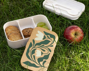 Floral Bento Lunch Box, Wood Lid, Eco-Friendly Container