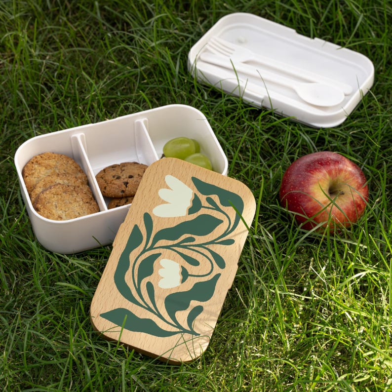 Floral Bento Lunch Box, Wood Lid, Eco-Friendly Container image 1