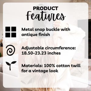 Puede incluir: Gorra de b&eacute;isbol blanca con hebilla met&aacute;lica y acabado antiguo. Circunferencia ajustable de 47-59 cm, fabricada en sarga de algod&oacute;n 100% para un look vintage. El texto "PRODUCT Features" est&aacute; incluido en la imagen.