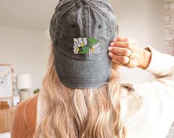 Gorra de sarga de algodón con flores bordadas, lavado vintage