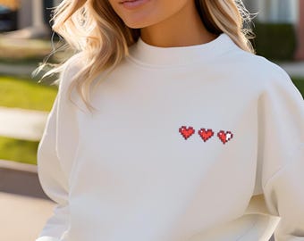 Pixelated Heart Container Sweatshirt, Embroidered Zelda Inspired Design, Video Game Gift, Gaming Apparel, Vintage Gamer Jumper