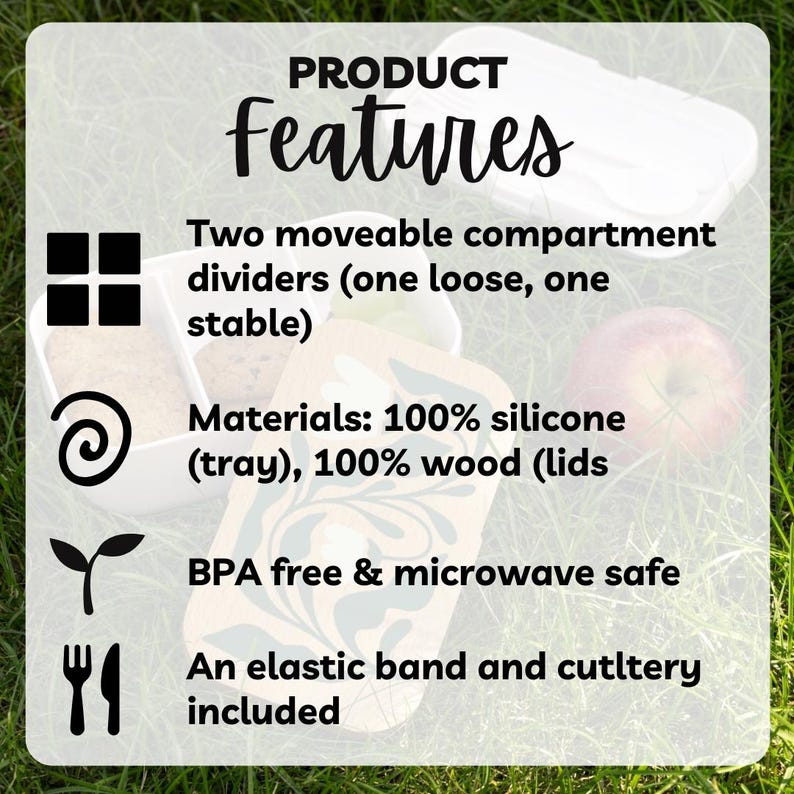 May include: A white and wood lunchbox with two removable dividers. The lunchbox is made of silicone and wood and is BPA free and microwave safe. It includes an elastic band and cutlery.