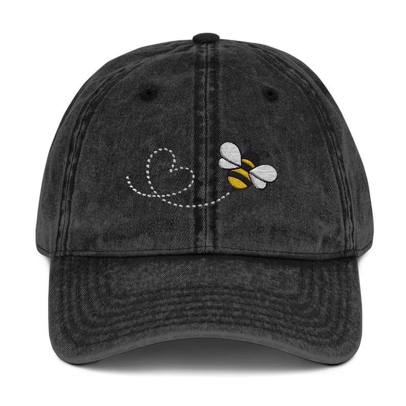 Gorra de béisbol con abeja bordada, estilo vintage de sarga de algodón Black