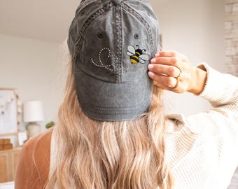 Embroidered Bee Baseball Cap, Vintage Cotton Twill Hat