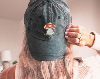 Embroidered Mushroom Hat, Vintage Washed Cotton Baseball Cap