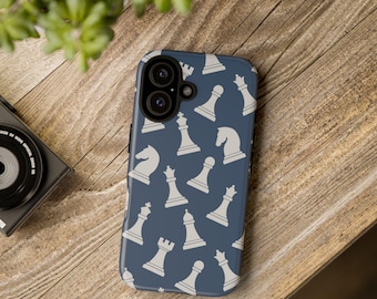 Chess Pieces Phone Case, Blue Knight, Rook, Pawn Pattern