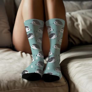 May include: A pair of socks with a light teal background featuring a repeating pattern of cartoon hedgehogs. The hedgehogs are black and white with small, black eyes. Small white leaf and twig designs are also scattered across the socks. The socks have black toes.