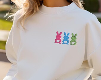 Embroidered Easter Bunny Crewneck Sweatshirt, Spring Apparel, Sizes: S-5XL