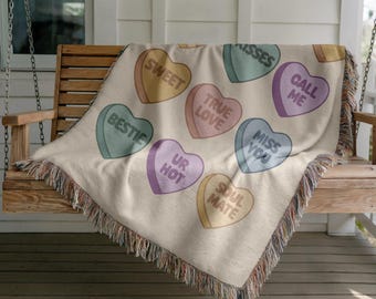 Valentine's Day Conversation Hearts Woven Throw Blanket, 100% Cotton Home Decor
