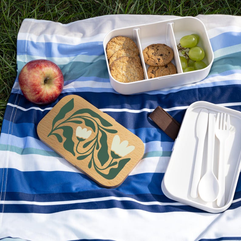 Floral Bento Lunch Box, Wood Lid, Eco-Friendly Container image 8