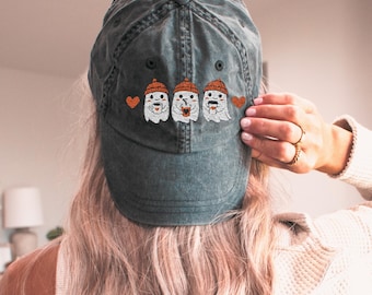 Gorra de béisbol bordada con fantasma, sarga de algodón vintage, sombrero de Halloween
