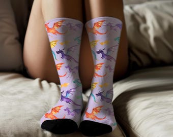 Dragon Socks, Purple Watercolor Fantasy Print, Eco-Friendly Recycled Polyester, One Size Fits All