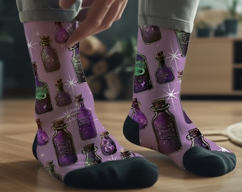 Purple Witch Potion Bottle Socks, Halloween Apparel, Eco-Friendly Recycled Polyester, One Size Fits All