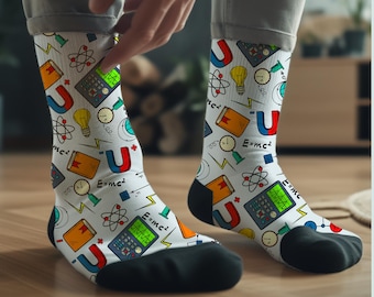 Science Socks, Calculators, Physics, Magnets, Atoms, Fun Math Gift, Teacher Gift, STEM Stocking Stuffer, One Size Fits All