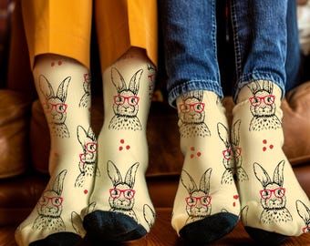 Funny Rabbit Socks, Nerdy Bunny Design, Eco-Friendly Recycled Material, One Size Fits All