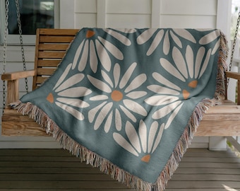 Daisy Floral Woven Blanket, Matisse Style, 100% Cotton Throw