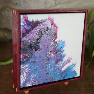 Purple Wave - 8x8&quot; Poured Acrylic Painting, framed in purple heart with maple splines