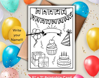 ハッピーバースデーカード | 印刷可能な 5 x 7 バースデーカード | すぐにダウンロード | 着色可能、子供に最適 | 8 x 11.5 の印刷可能なファイル