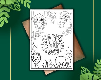 ハッピーバースデーカード | 印刷可能な 5 x 7 バースデーカード | すぐにダウンロード | 着色可能、子供に最適 | 8 x 11.5 印刷可能なファイル | ジャングル テーマ
