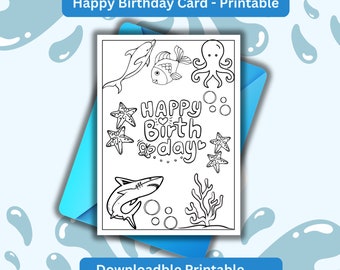 ハッピーバースデーカード | 印刷可能な 5 x 7 バースデーカード | すぐにダウンロード | 着色可能、子供に最適 | 8 x 11.5 の印刷可能なファイル | 水のテーマ