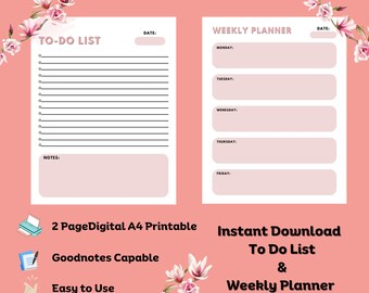 To Do リスト & 週間プランナー | バンドル – 即時ダウンロード可能なデジタルファイル - 8.5 x 11 インチ / 2 -A4- サイズの印刷可能な PDF | Goodnotes と互換性あり