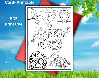 ハッピーバースデーカード | 印刷可能な 5 x 7 バースデーカード | すぐにダウンロード | 着色可能、子供に最適 | 8 x 11.5 印刷可能なファイル | 鳥のテーマ