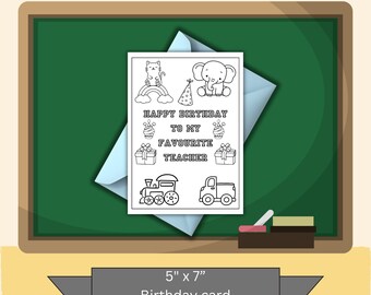 先生へのハッピーバースデーカード | 印刷可能な 5 x 7 バースデーカード | すぐにダウンロード | 着色可能、子供に最適 | 8 x 11.5 の印刷可能なファイル