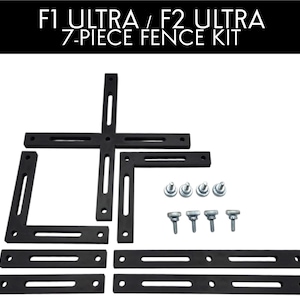 May include: F1 ULTRA / F2 ULTRA 7-PIECE FENCE KIT. This set includes black metal components with slotted openings and circular holes, accompanied by eight silver-colored metal screws with knurled heads for assembly and adjustment purposes.