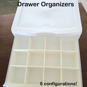 May include: White Sterilite 12x12 drawer organizer with multiple compartments. The organizer has a lid and a pull-out drawer with 16 square compartments. Text on the image reads "8 configurations! Custom Options Available!"