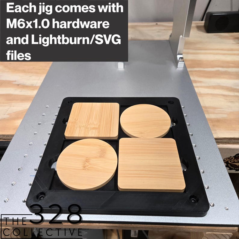 Laser jigs for engraving bamboo coasters made by The 328 Collective