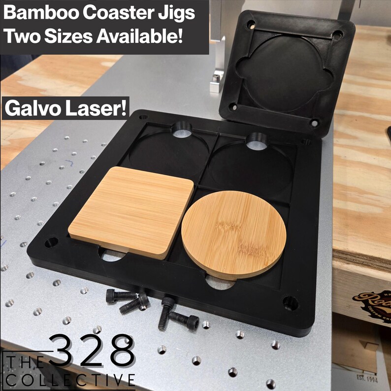 Laser jigs for engraving bamboo coasters made by The 328 Collective