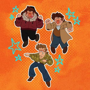 May include: Three cartoon characters with red noses and curly hair are dancing against a bright orange background with blue stars. The characters are wearing different outfits, including a red jacket, a brown coat, and a green shirt.
