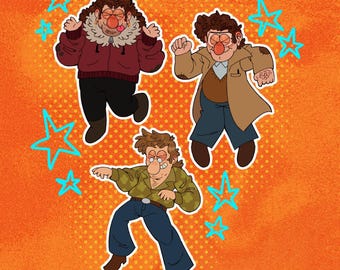 May include: Three cartoon characters with red noses and curly hair are dancing against a bright orange background with blue stars. The characters are wearing different outfits, including a red jacket, a brown coat, and a green shirt.