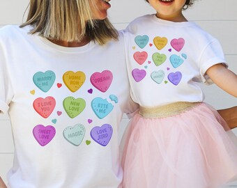 Candy Hearts T-Shirt, Valentine's Day Hoodies for Women and Girl, Mommy and Me Outfits, Gift Mom and Daughter Valentines Day Gift